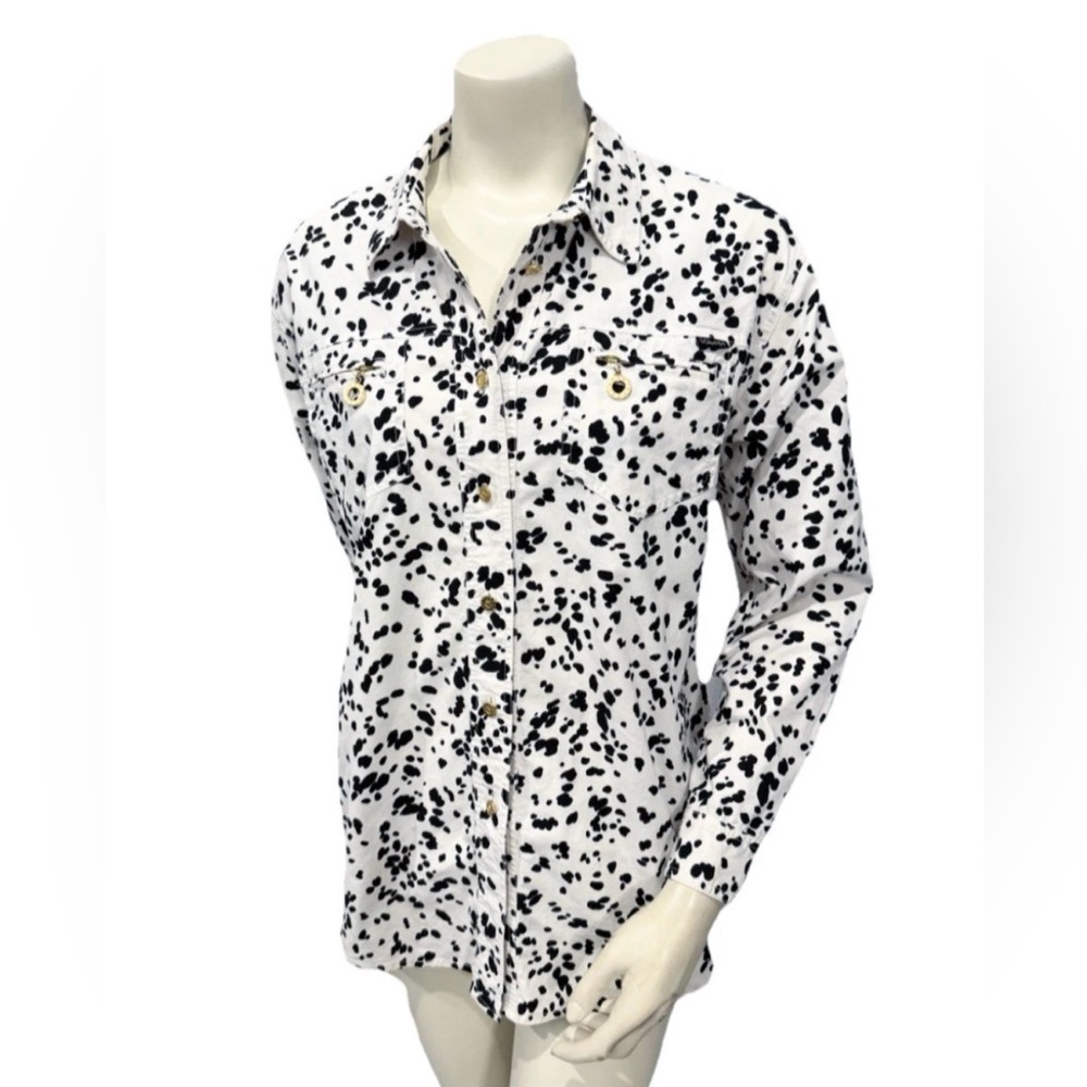 Laurel by Escada Dalmatian Print Button Down Shirt Women’s Size M Long Sleeve